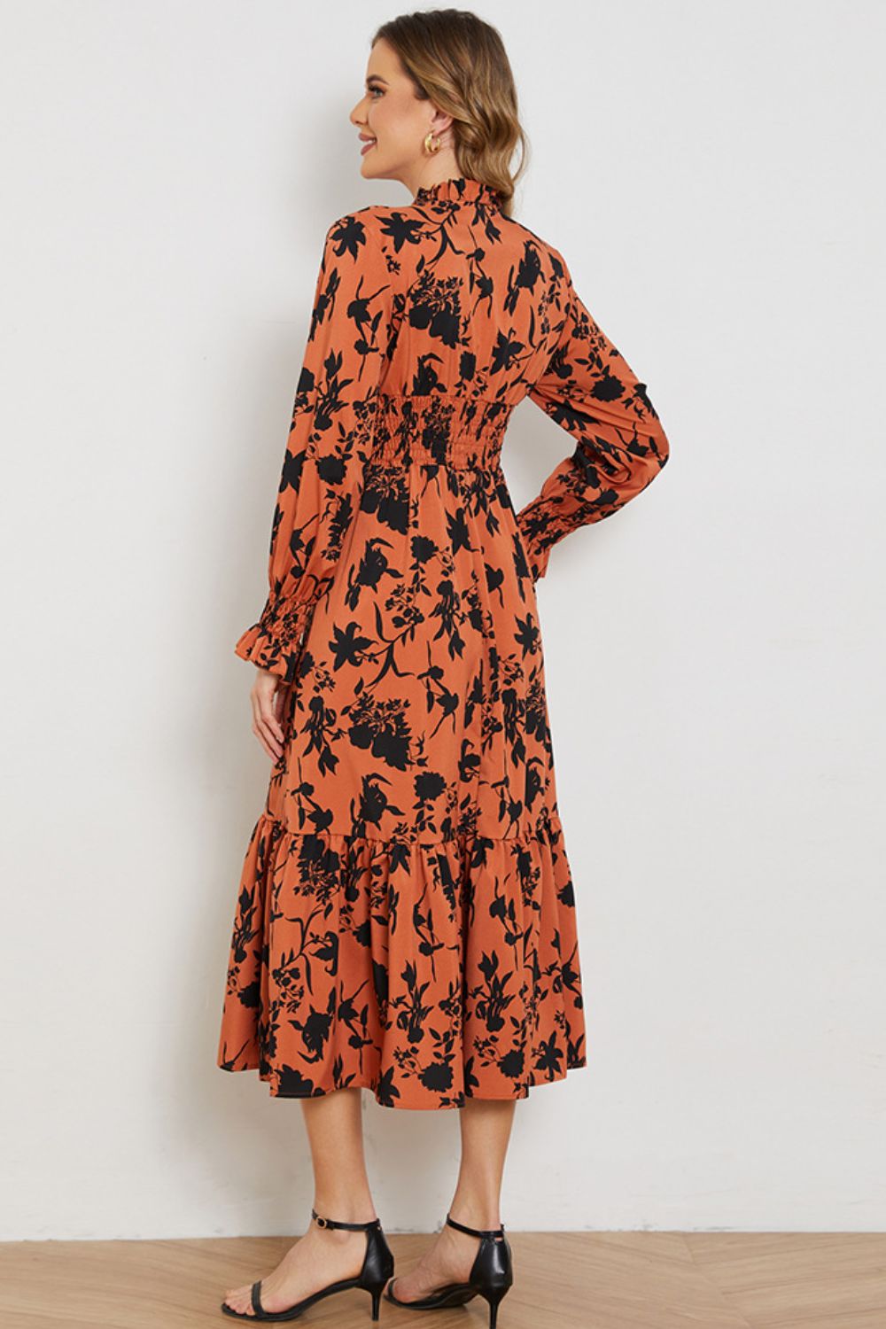 Floral Smocked Long Flounce Sleeve Dress