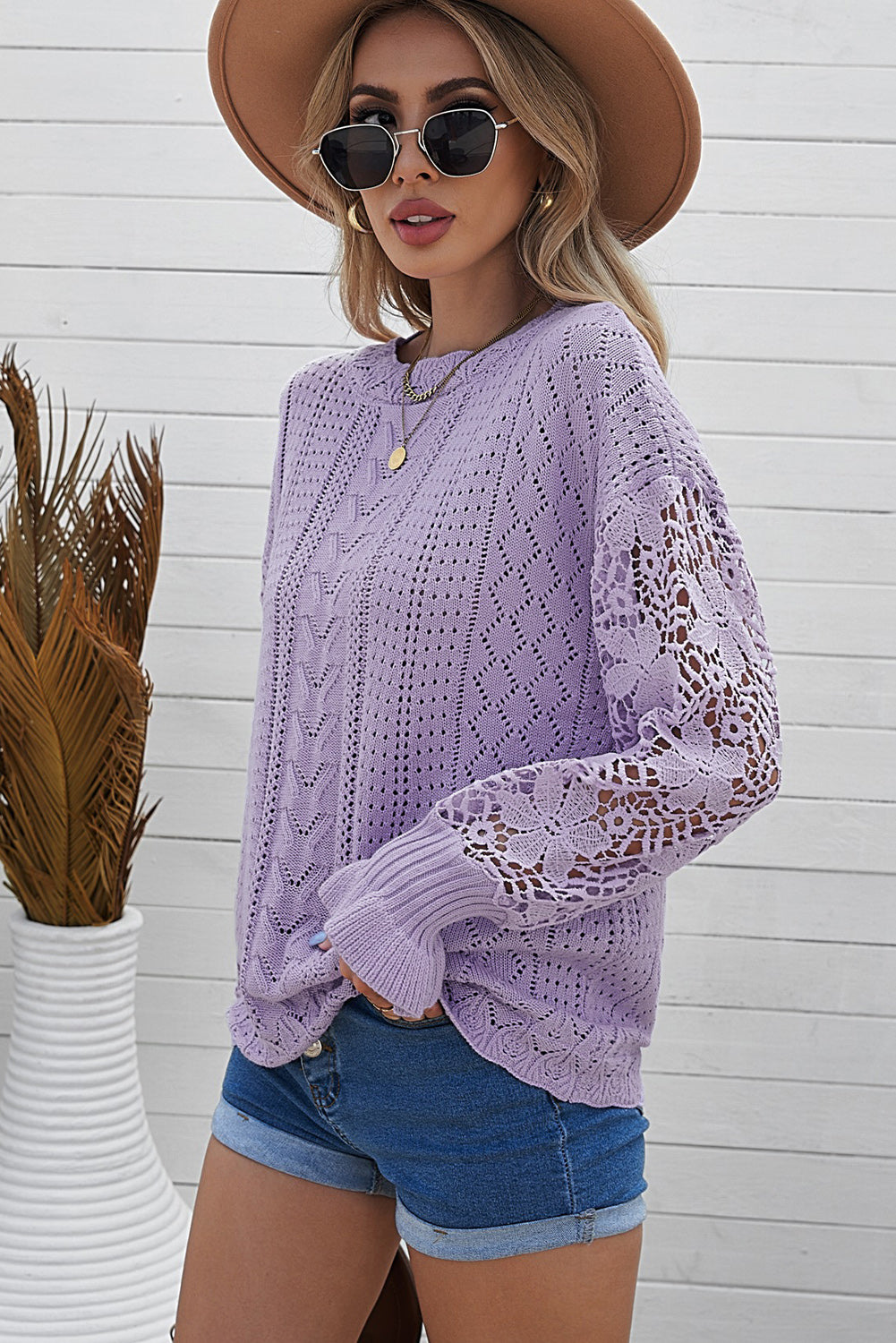 Openwork Lantern Sleeve Dropped Shoulder Sweater