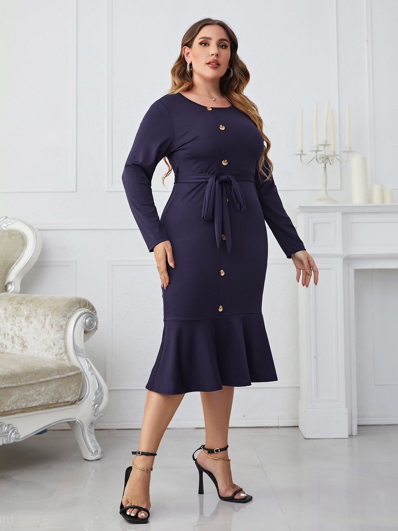 Melo Apparel Plus Size Buttoned Round Neck Tie Belt Midi Dress