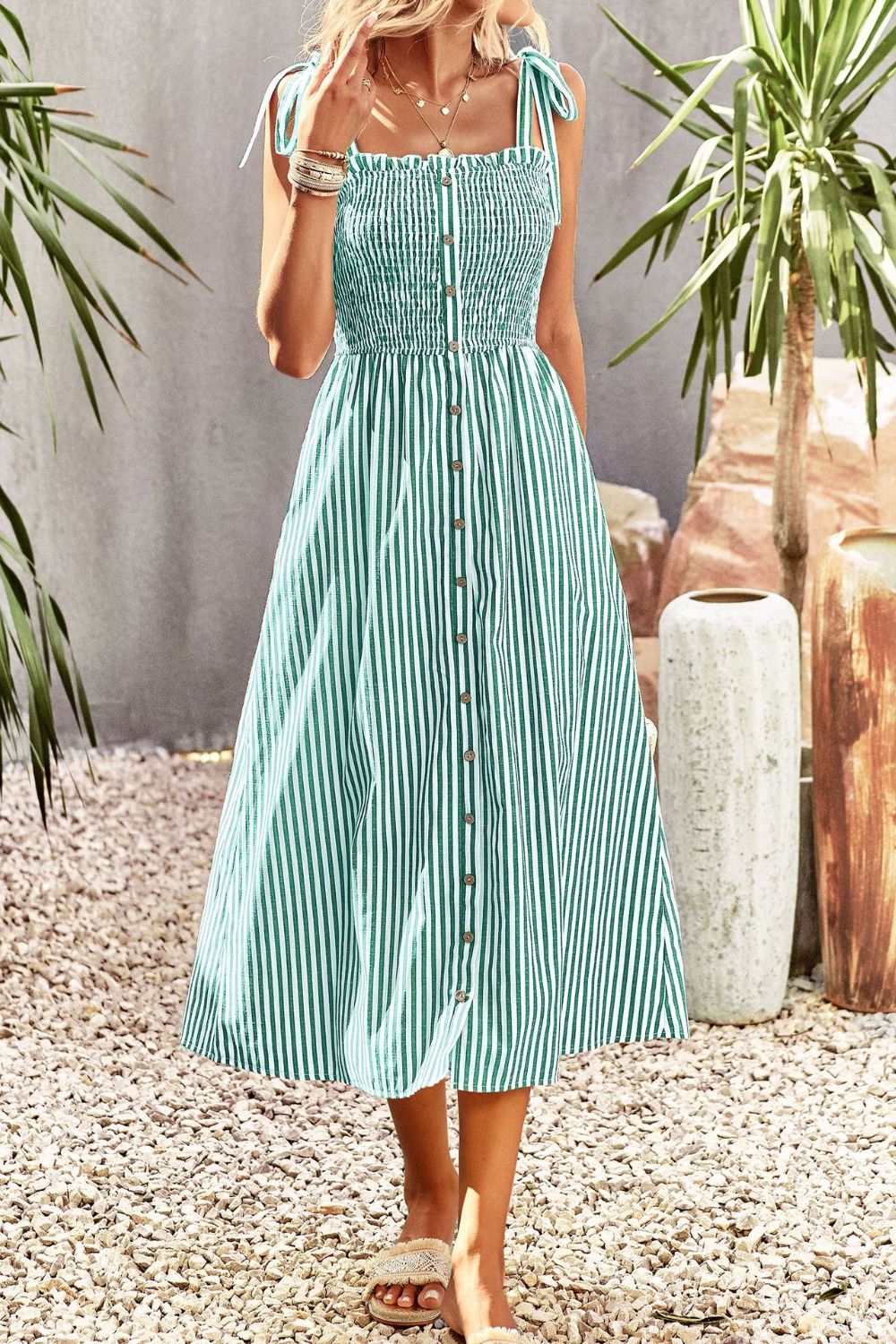 Smocked Tie Strap Sleeveless Striped Midi Dress