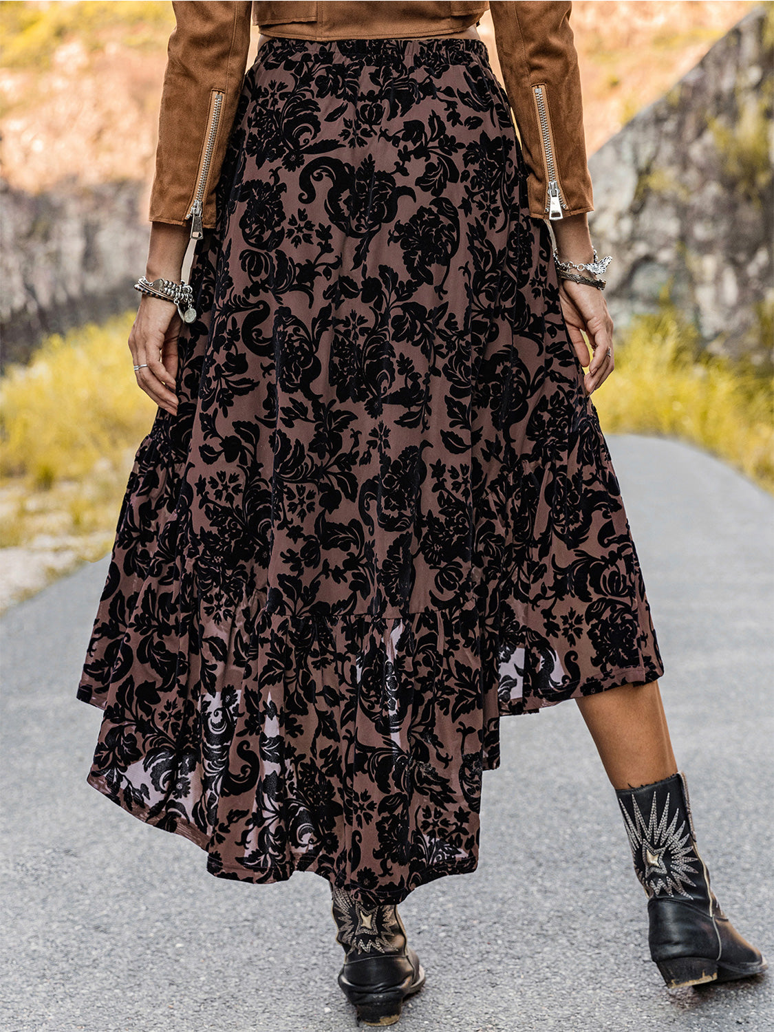 Printed Ruffled Midi Skirt