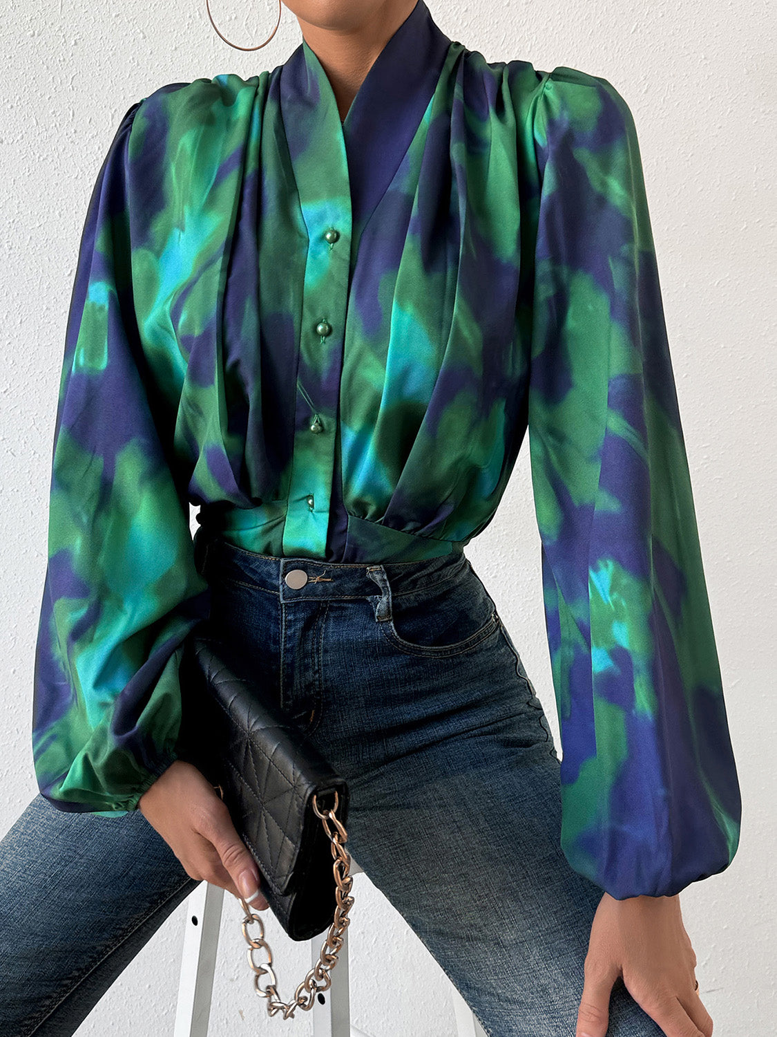 Tie-Dye Button Up Balloon Sleeve Blouse