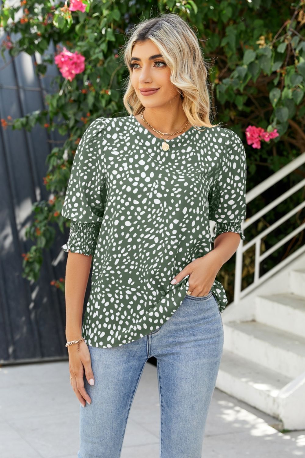 Polka Dot Round Neck Lantern Sleeve Blouse