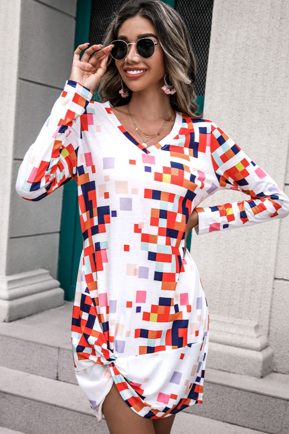 Rainbow Checker Twisted Long Sleeve Dress