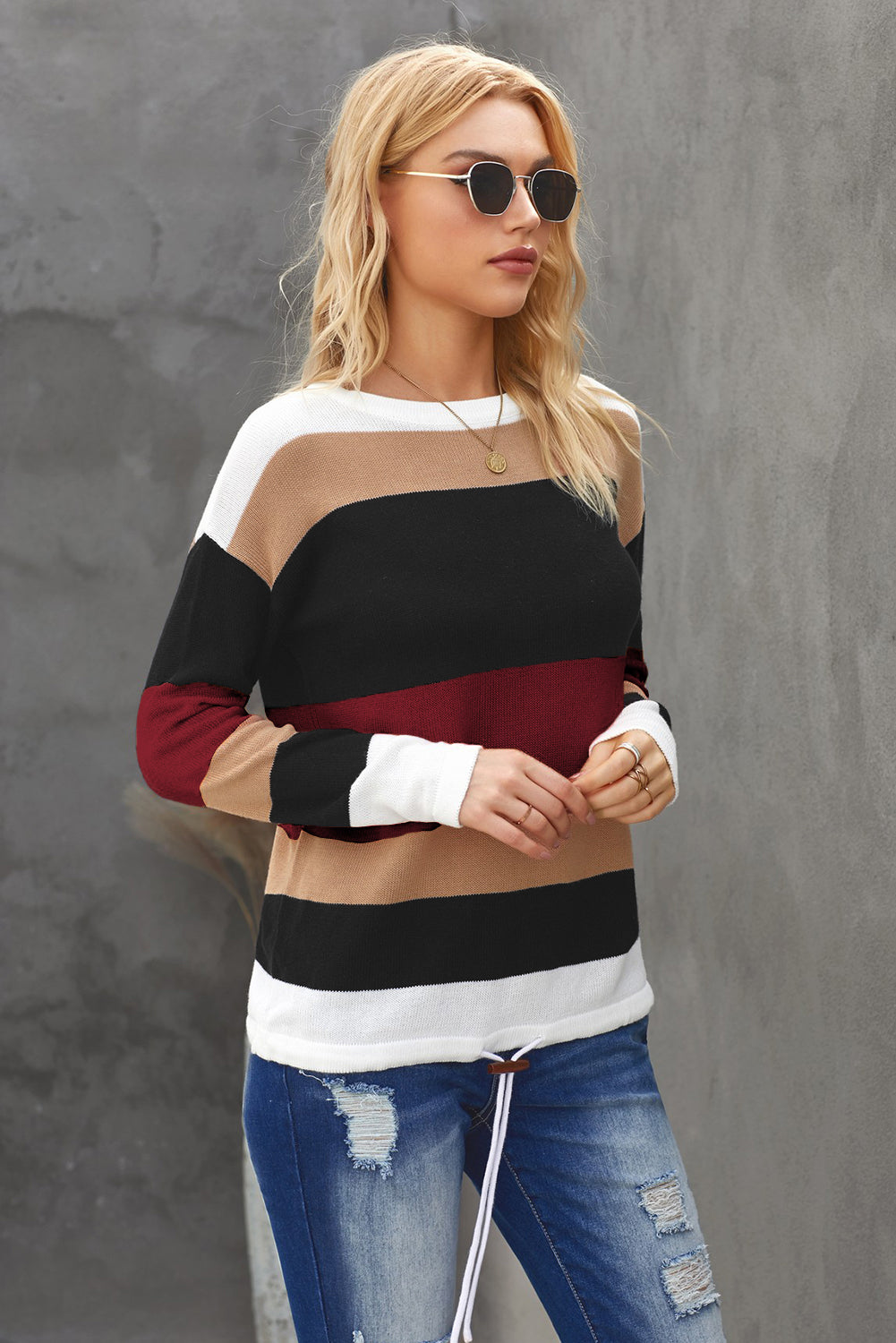 Round Neck Color Block Dropped Shoulder Knit Top