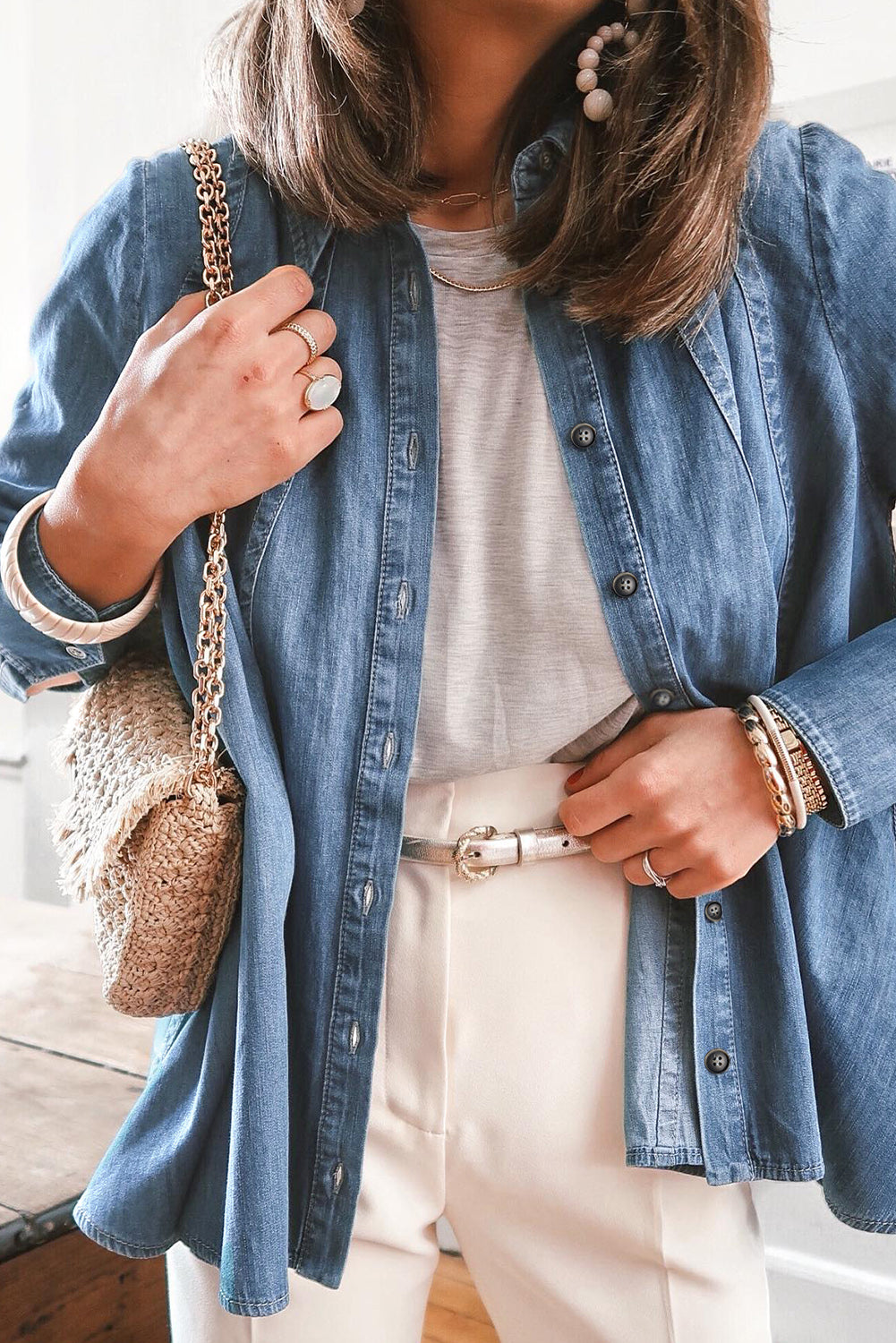 Button Up Collared Neck Denim Jacket