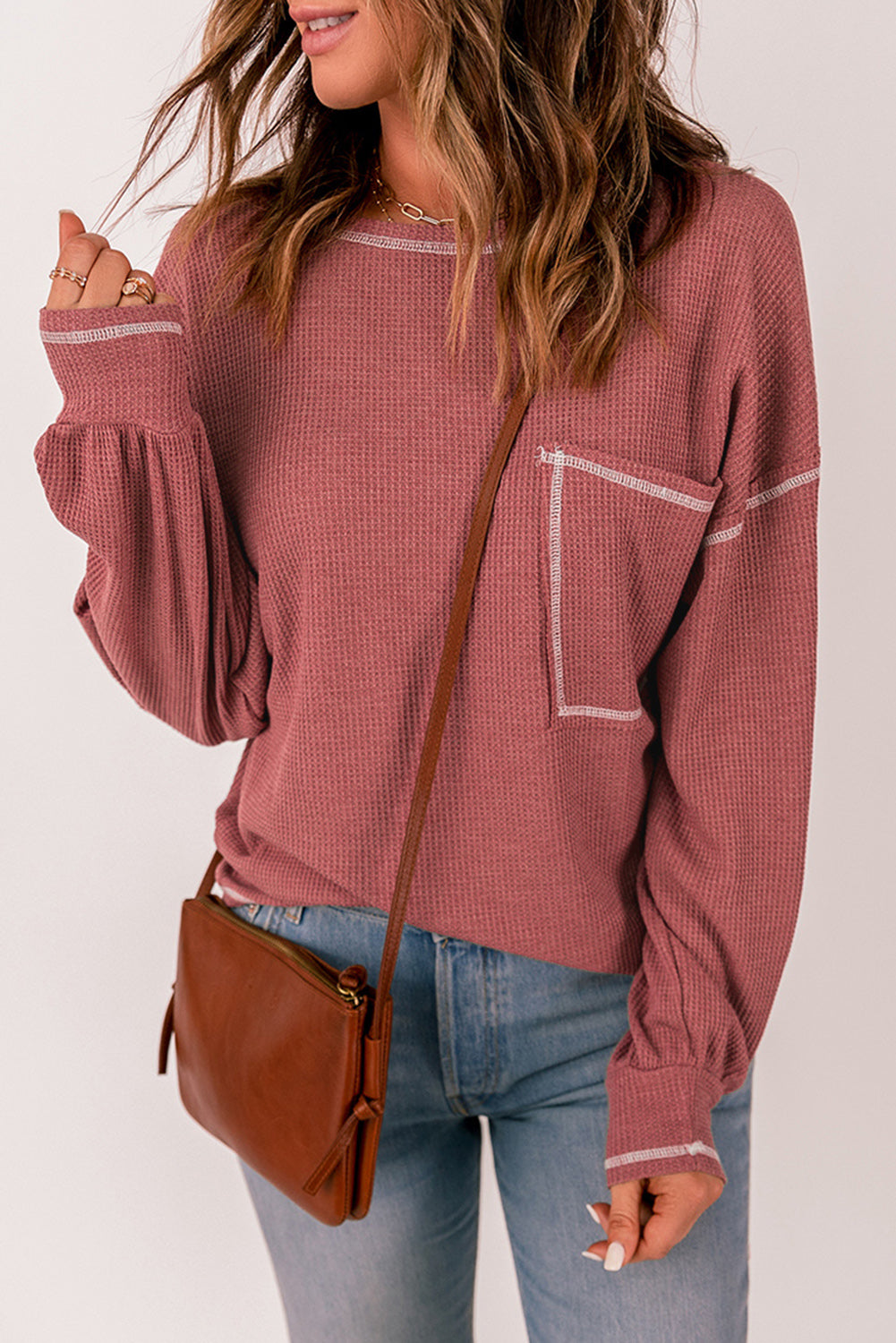 Contrast Stitching Waffle Knit Top