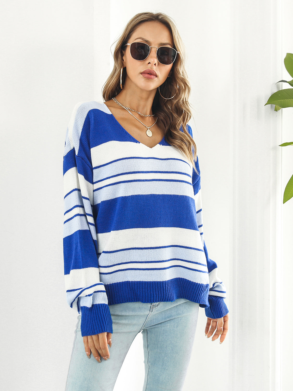 Striped V-Neck Long Sleeve Knit Top