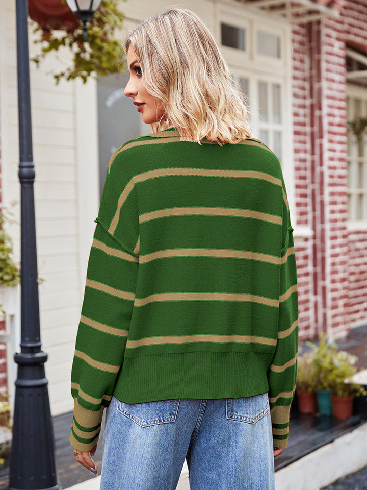 Striped Dropped Shoulder Notched Neck Knit Top