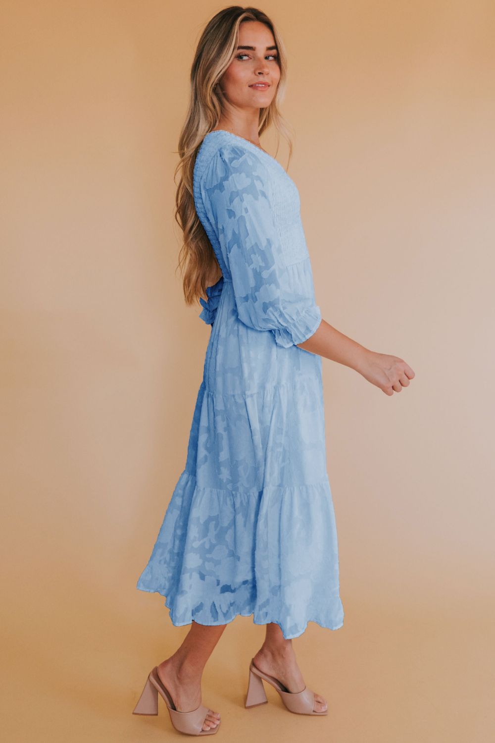 Smocked V-Neck Flounce Sleeve Dress