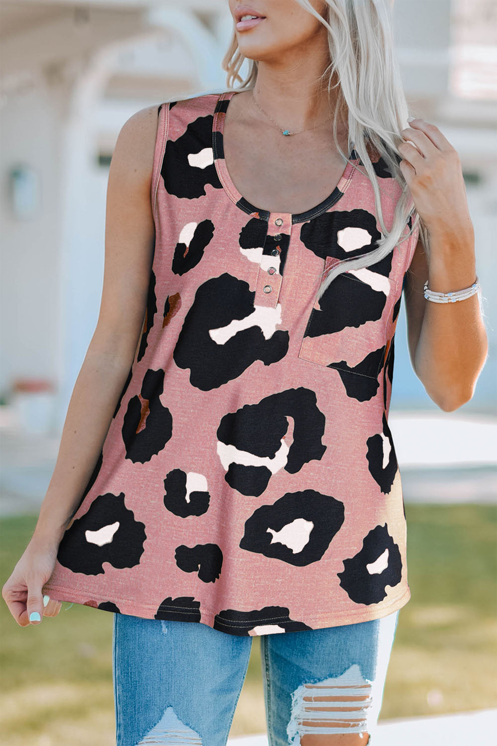 Pocketed Leopard Round Neck Tank