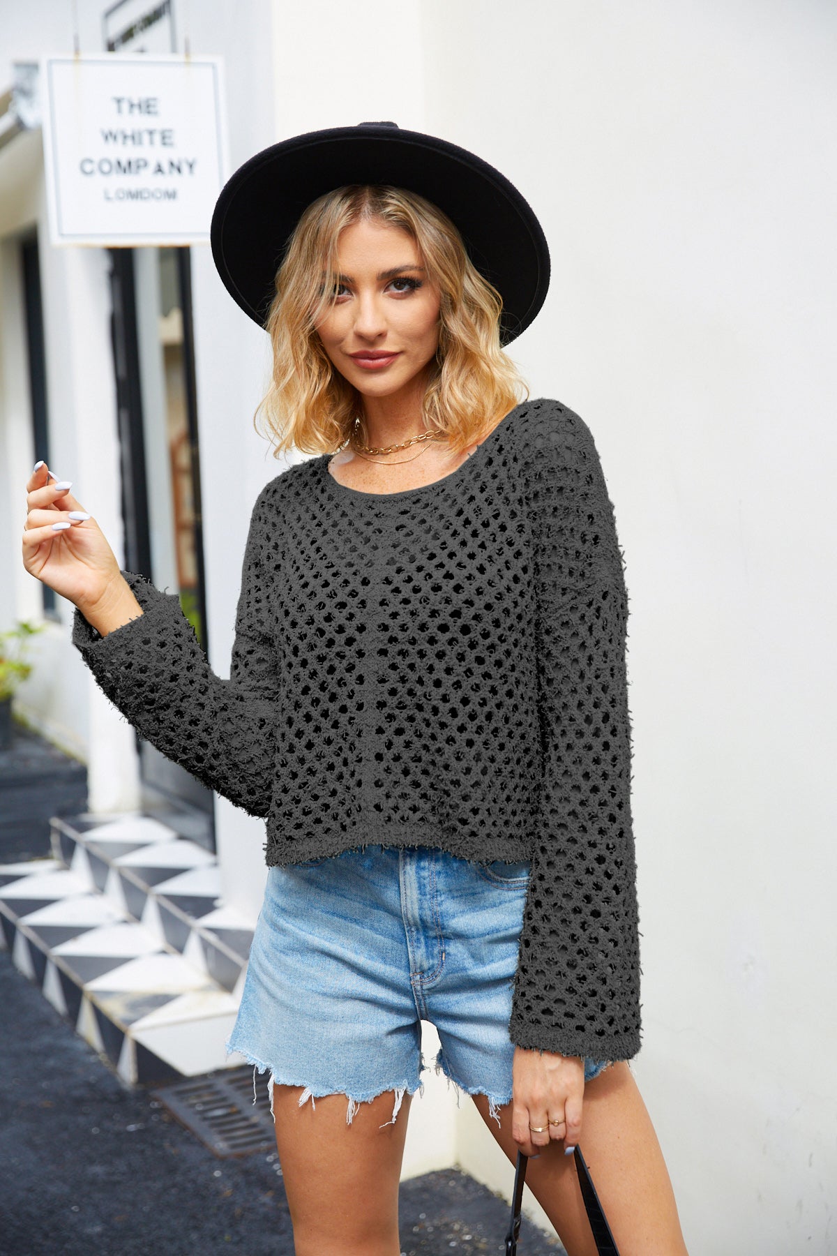 Round Neck Openwork Dropped Shoulder Knit Top