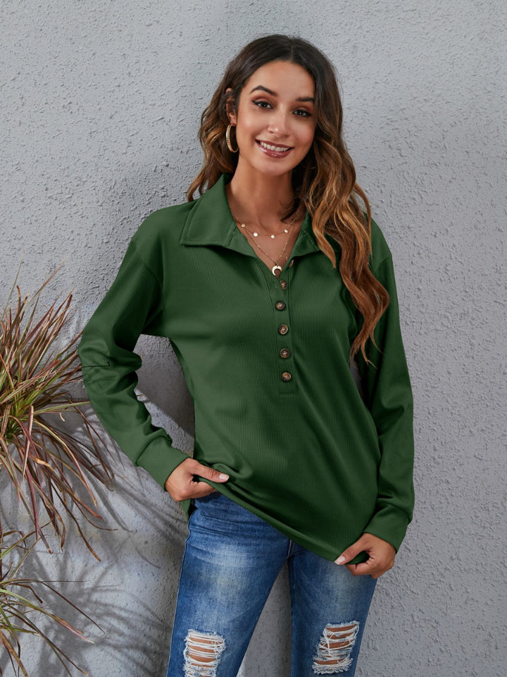 Half Button Dropped Shoulder Blouse