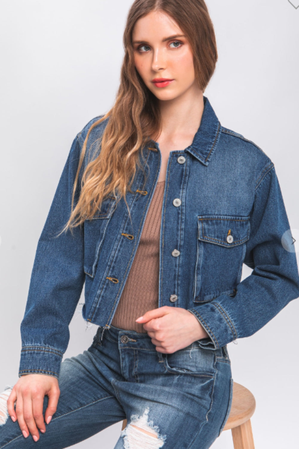 LOVE TREE Raw Hem Button Up Cropped Denim Jacket