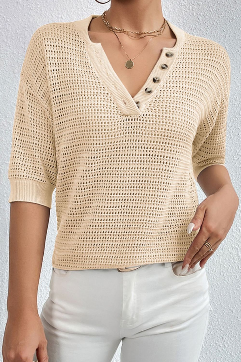 Openwork Half Button Dropped Shoulder Knit Top