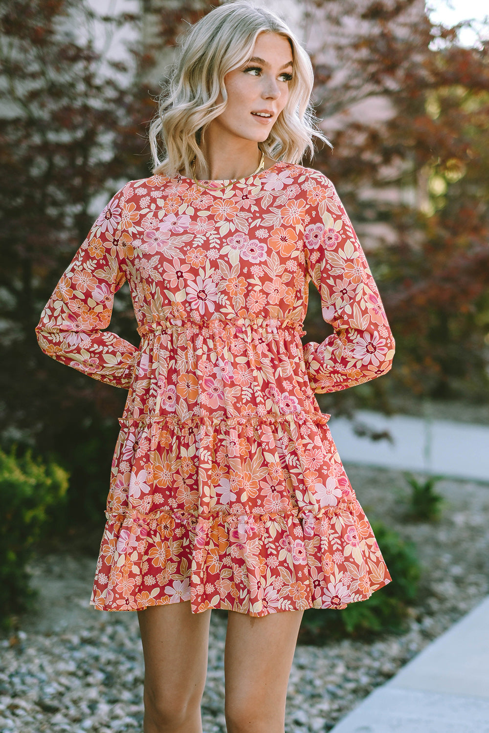 Floral Print Round Neck Long Sleeve Tiered Dress