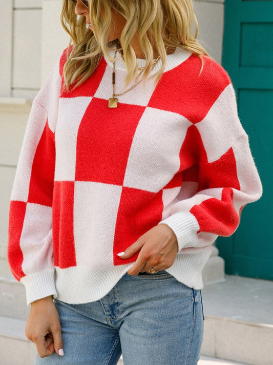 Checkered Round Neck Dropped Shoulder Sweater