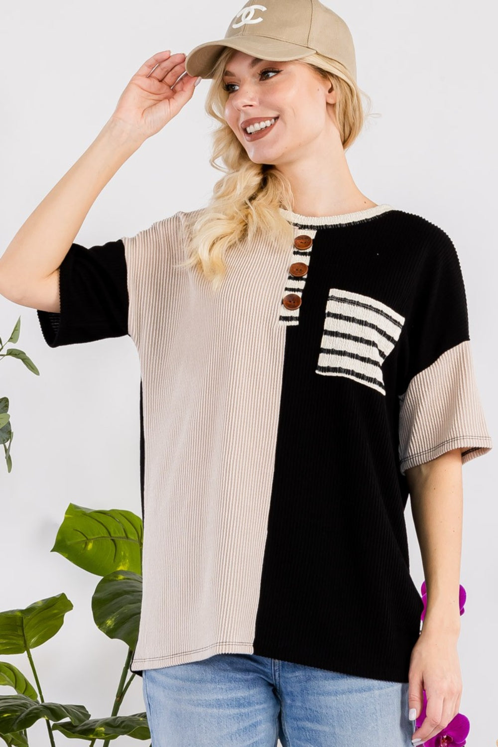 Celeste Full Size Rib Contrast Short Sleeve T-Shirt