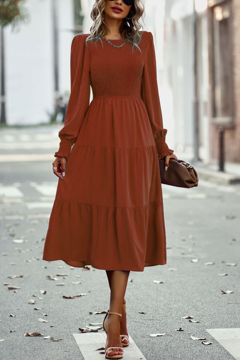 Smocked Long Puff Sleeve Tiered Midi Dress