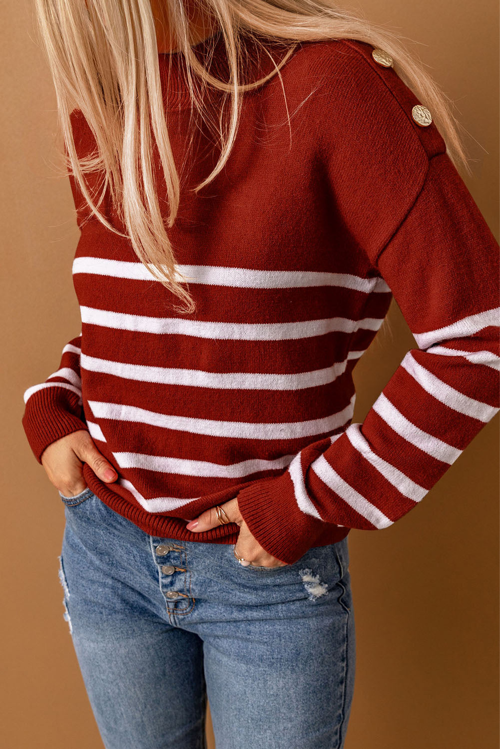 Striped Decorative Button Mock Neck Sweater