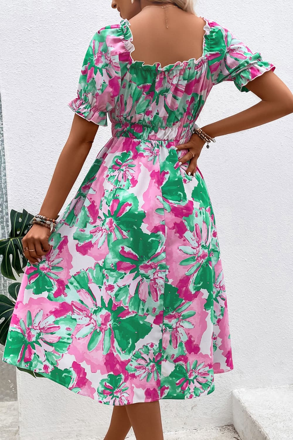 Floral Frill Trim Square Neck Dress