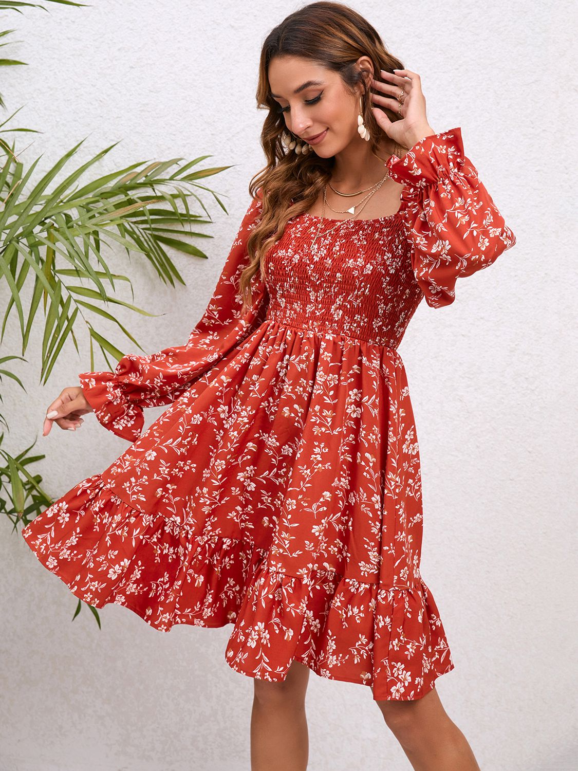 Floral Smocked Square Neck Dress