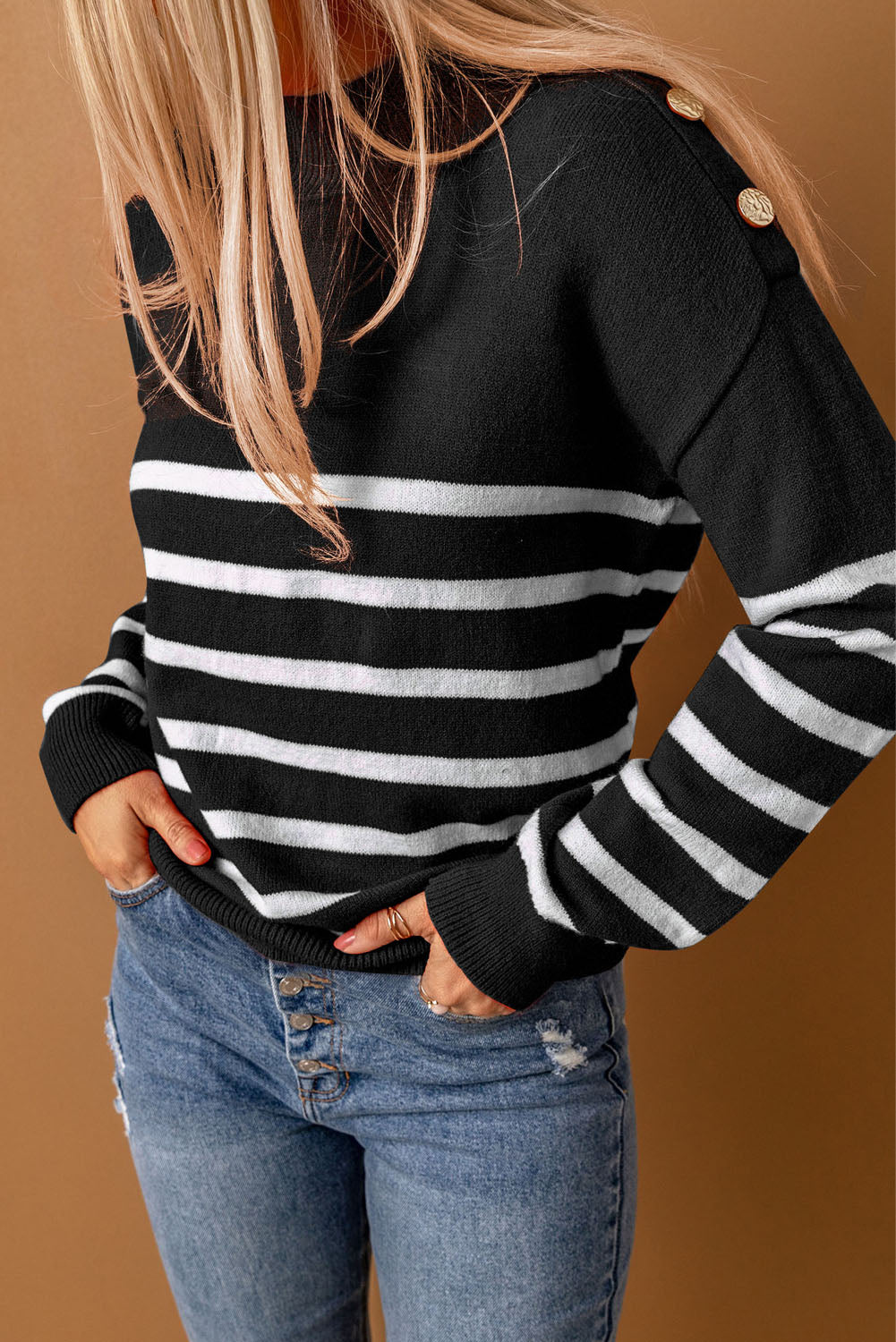 Striped Decorative Button Mock Neck Sweater