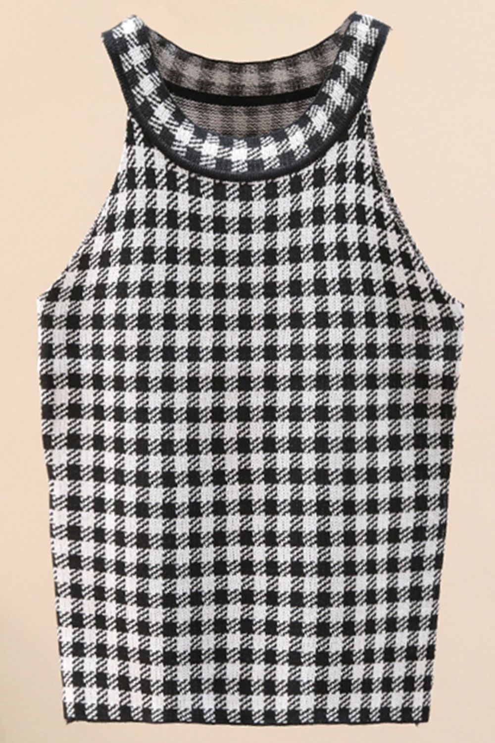 Plaid Round Neck Sleeveless Knit Top