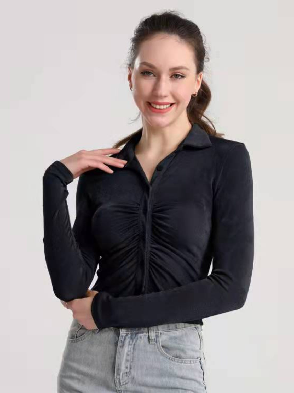 Ruched Button Up Long Sleeve T-Shirt