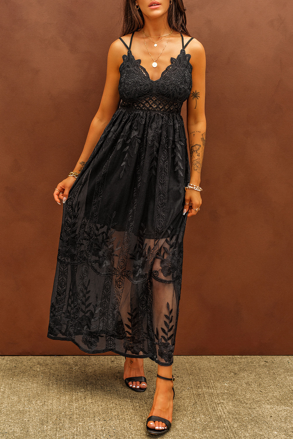 Lace Crisscross Back Sleeveless Maxi Dress