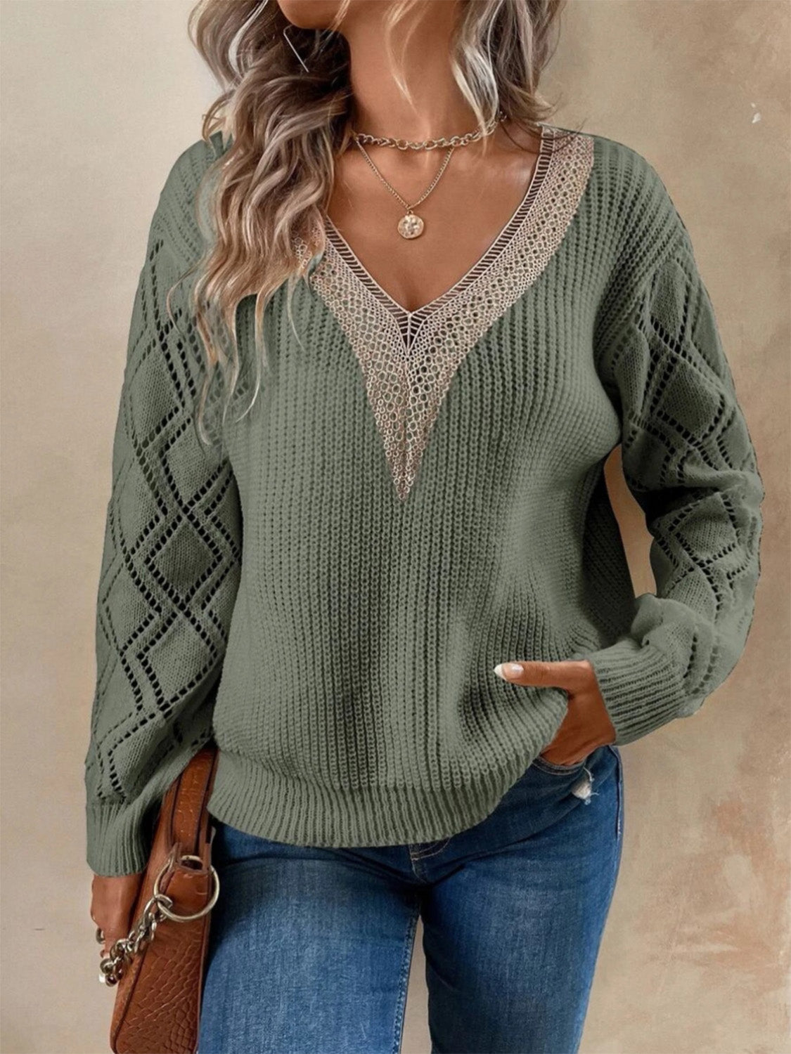 Openwork V-Neck Dropped Shoulder Sweater