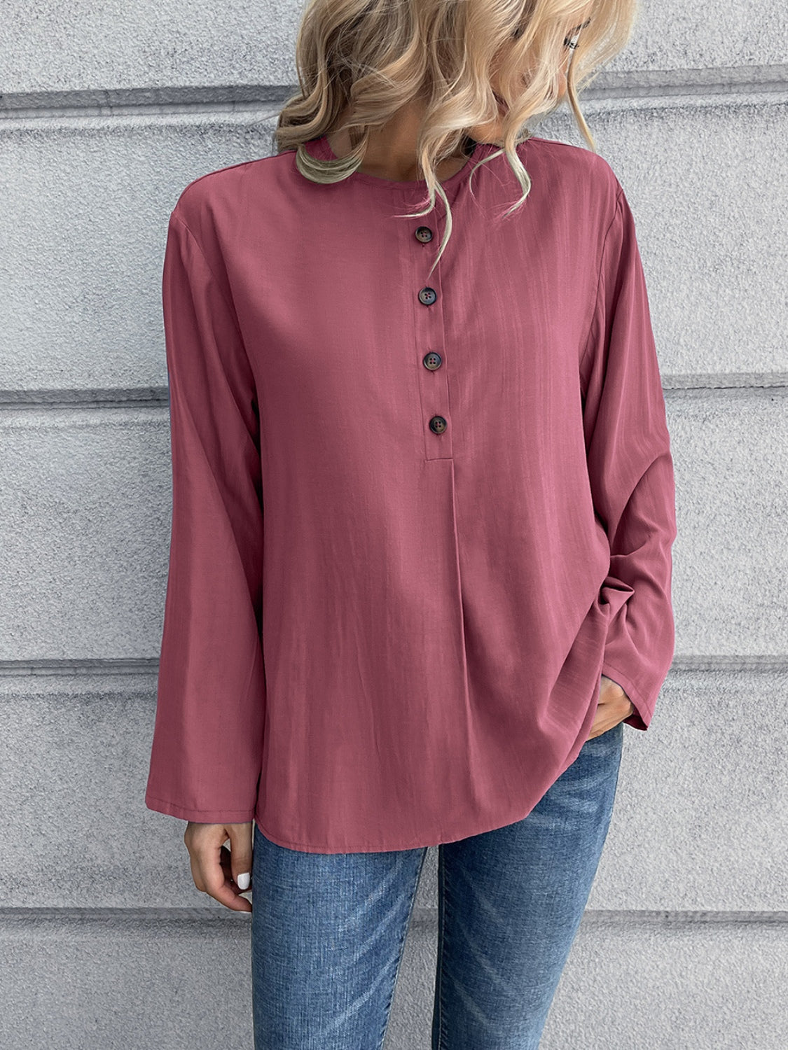 Half Button Long Sleeve Blouse