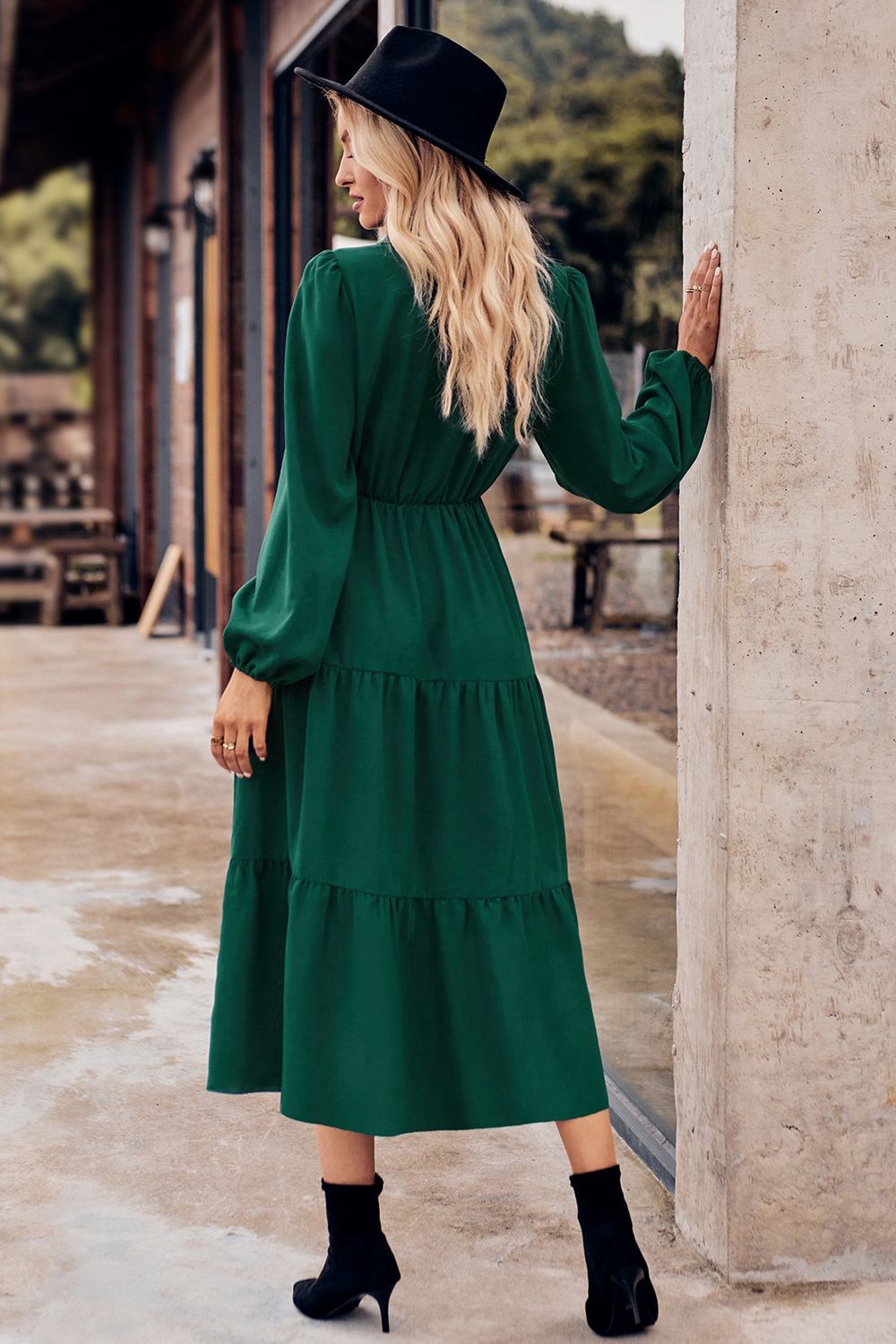 Collared Neck Long Sleeve Midi Dress