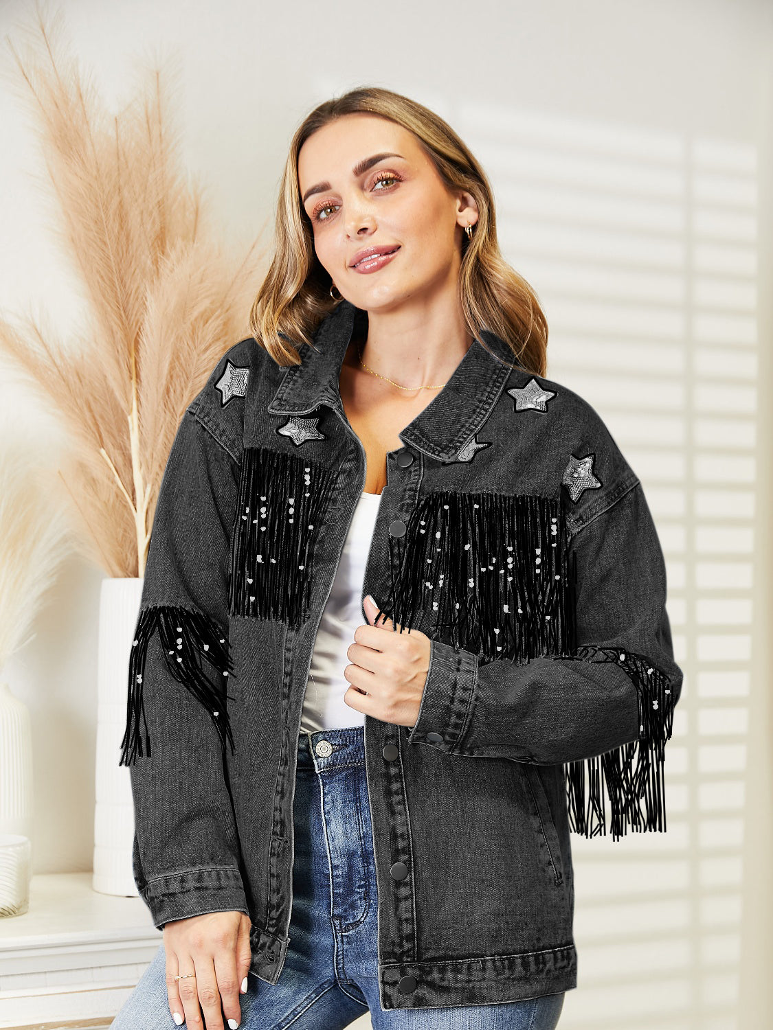 Fringe Detail Long Sleeve Denim Jacket