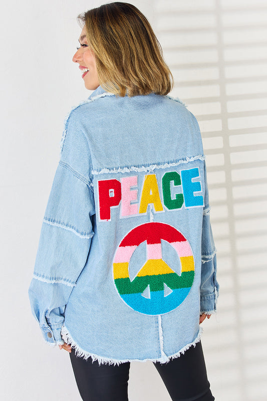 PEACE Raw Hem Dropped Shoulder Denim Top