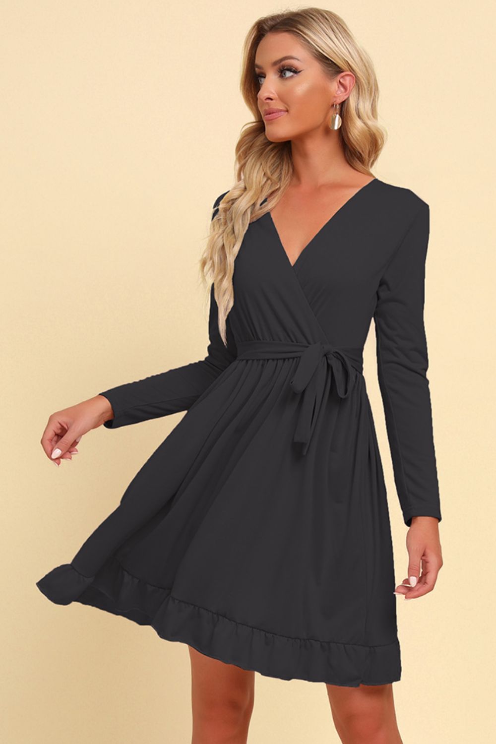 Long Sleeve Tie Waist Ruffle Hem Dress