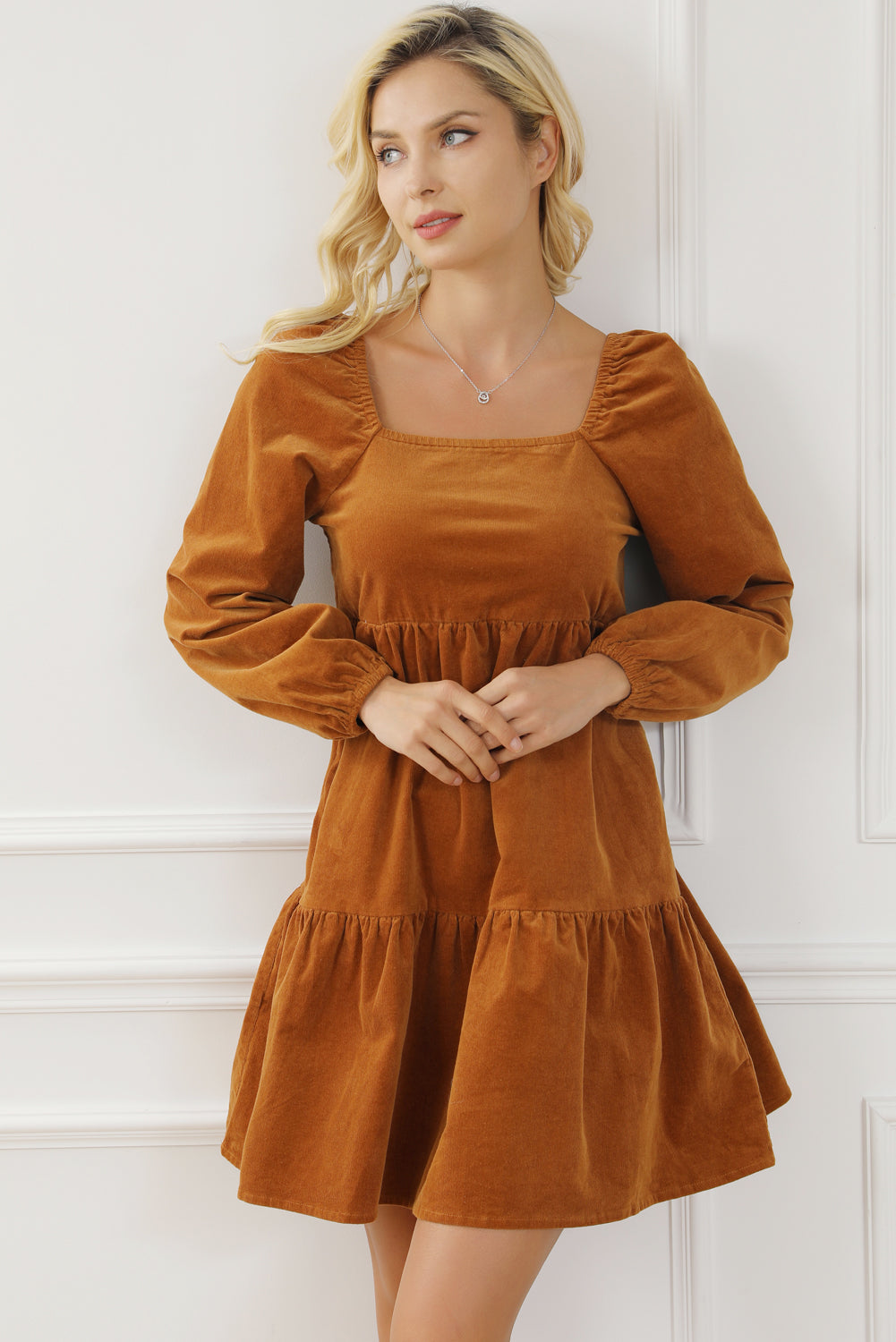 Square Neck Long Sleeve Tiered Dress