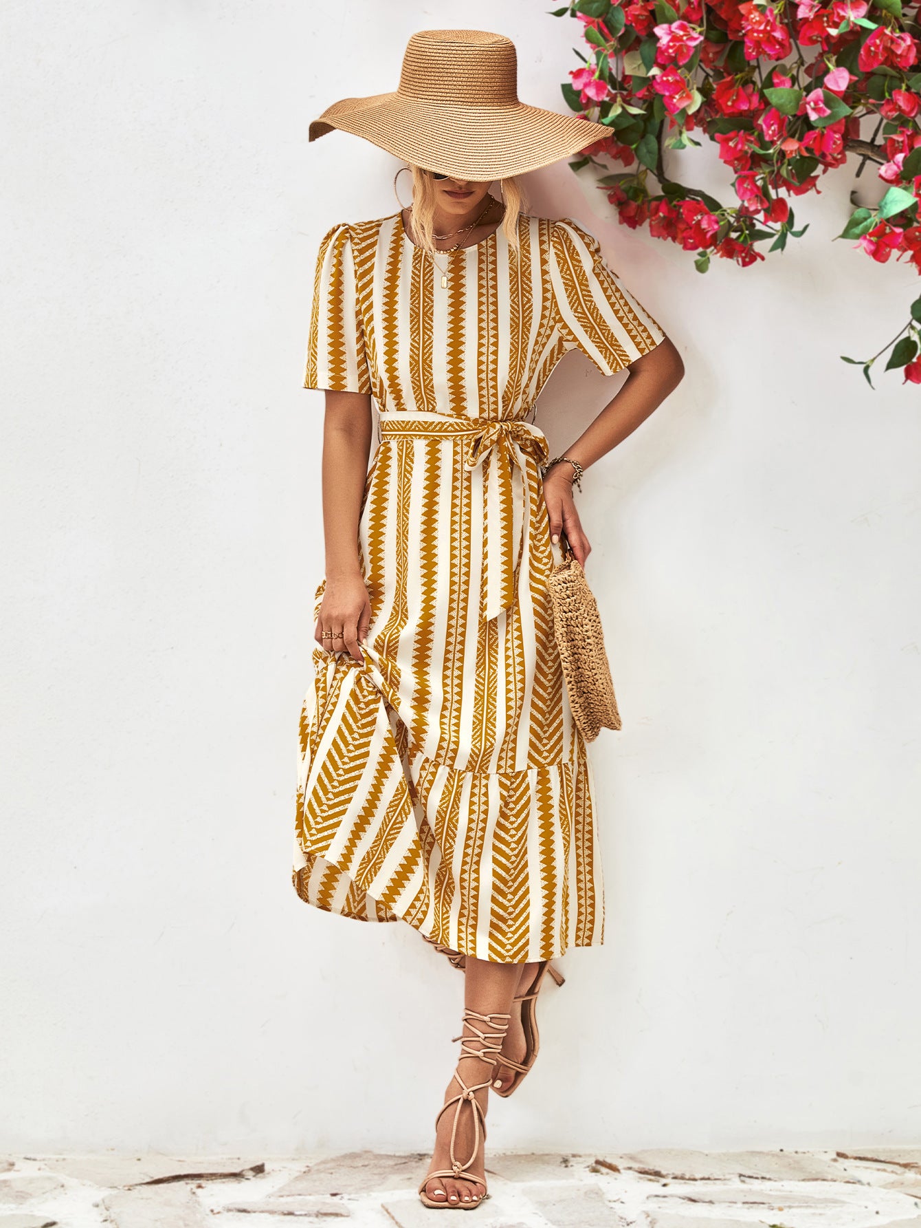 Striped Tie Belt Round Neck Puff Sleeve Dress