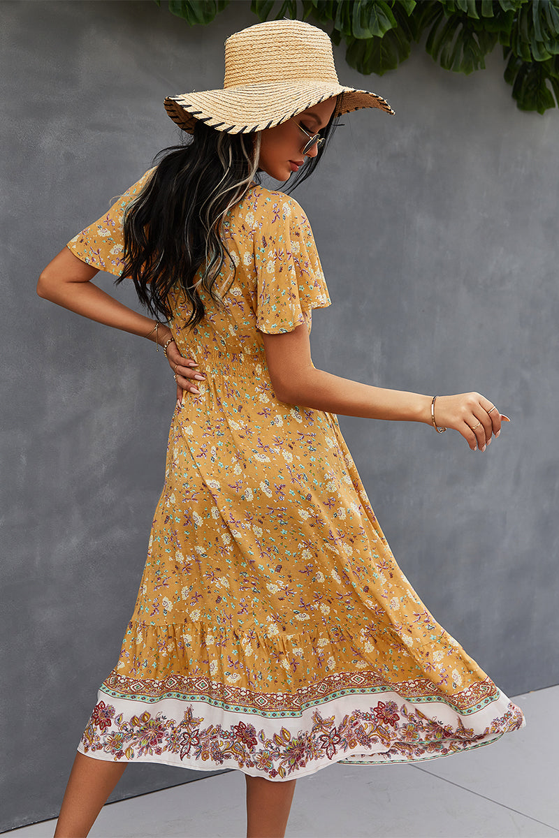 Bohemian V-Neck Flutter Sleeve Dress