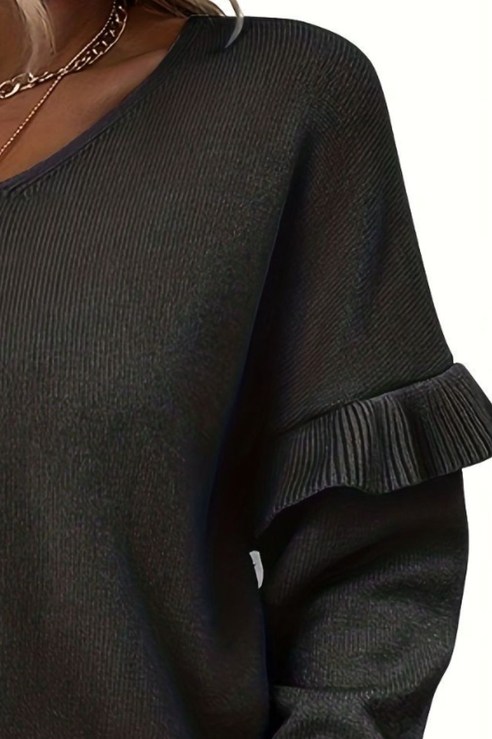 V-Neck Ruffle Trim Long Sleeve Sweater