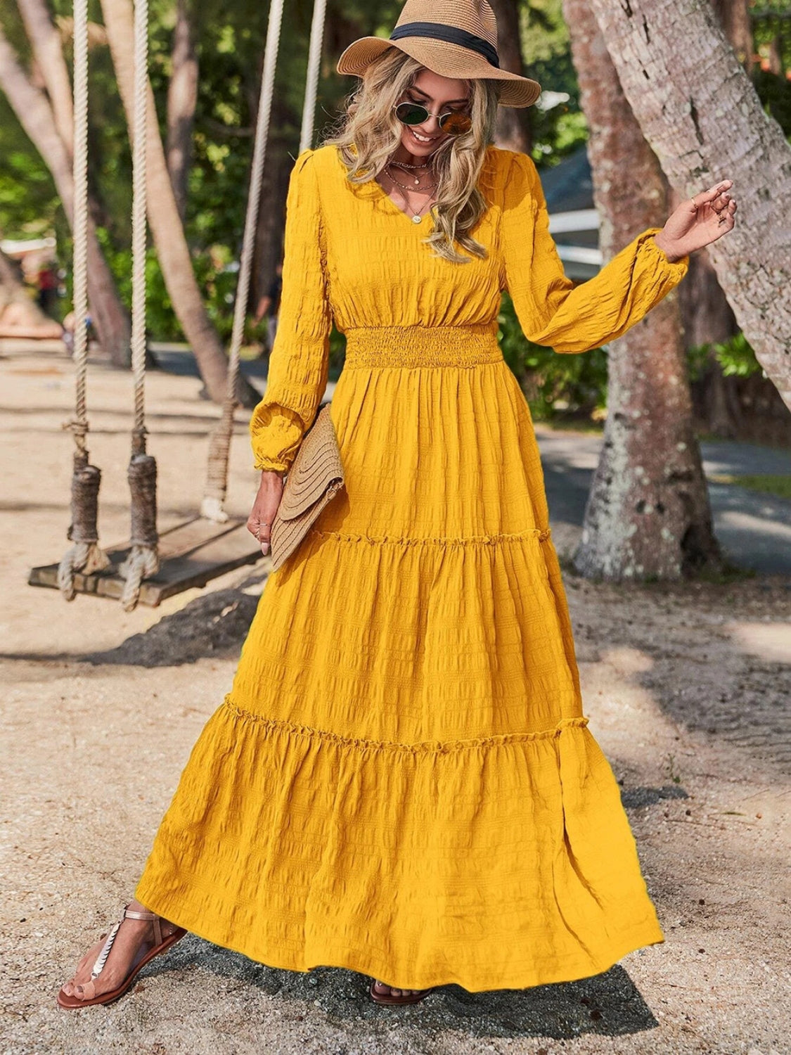 Smocked Waist V-Neck Maxi Dress