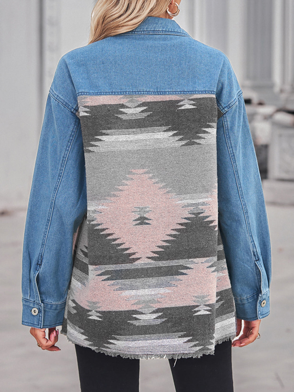 Geometric Raw Hem Button Up Denim Jacket