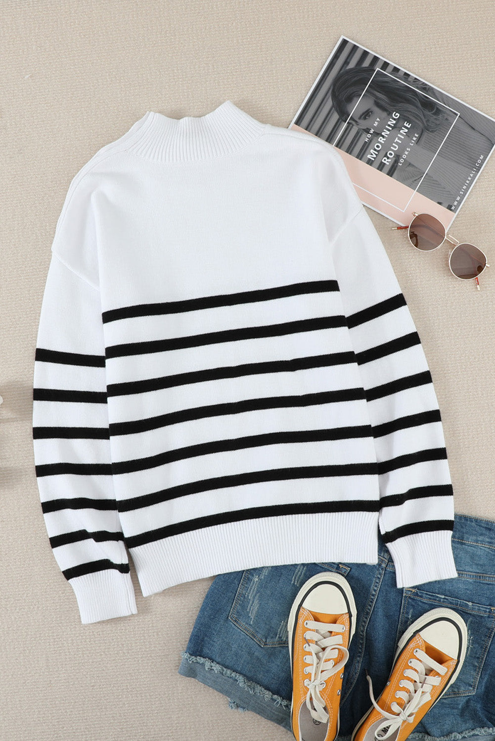 Striped Decorative Button Mock Neck Sweater