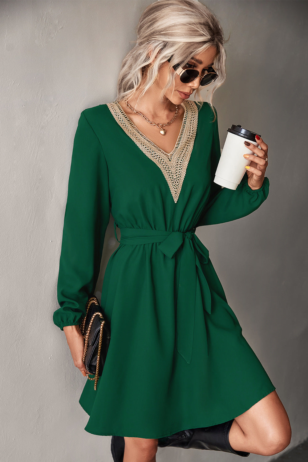 Contrast V-Neck Belted Dress