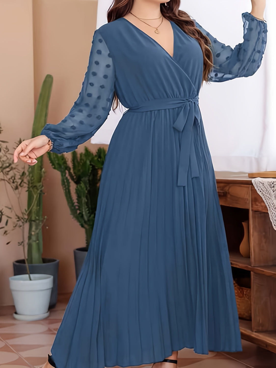 Plus Size Swiss Dot Tie Waist Maxi Dress