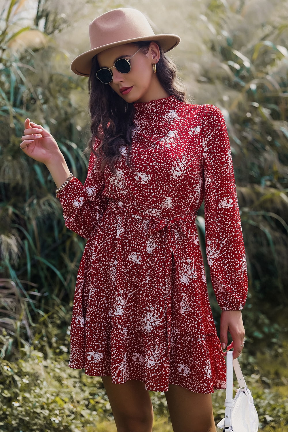 Printed Mock Neck Long Sleeve Tie Waist Mini Dress