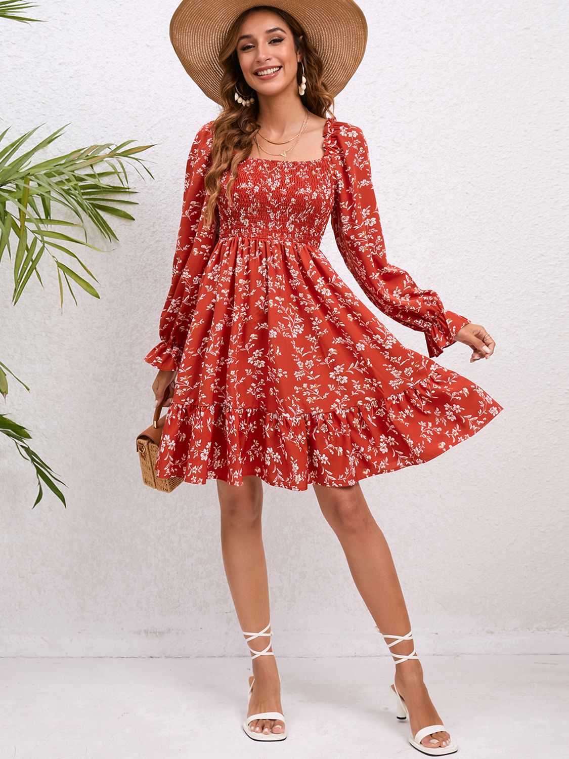 Floral Smocked Square Neck Dress