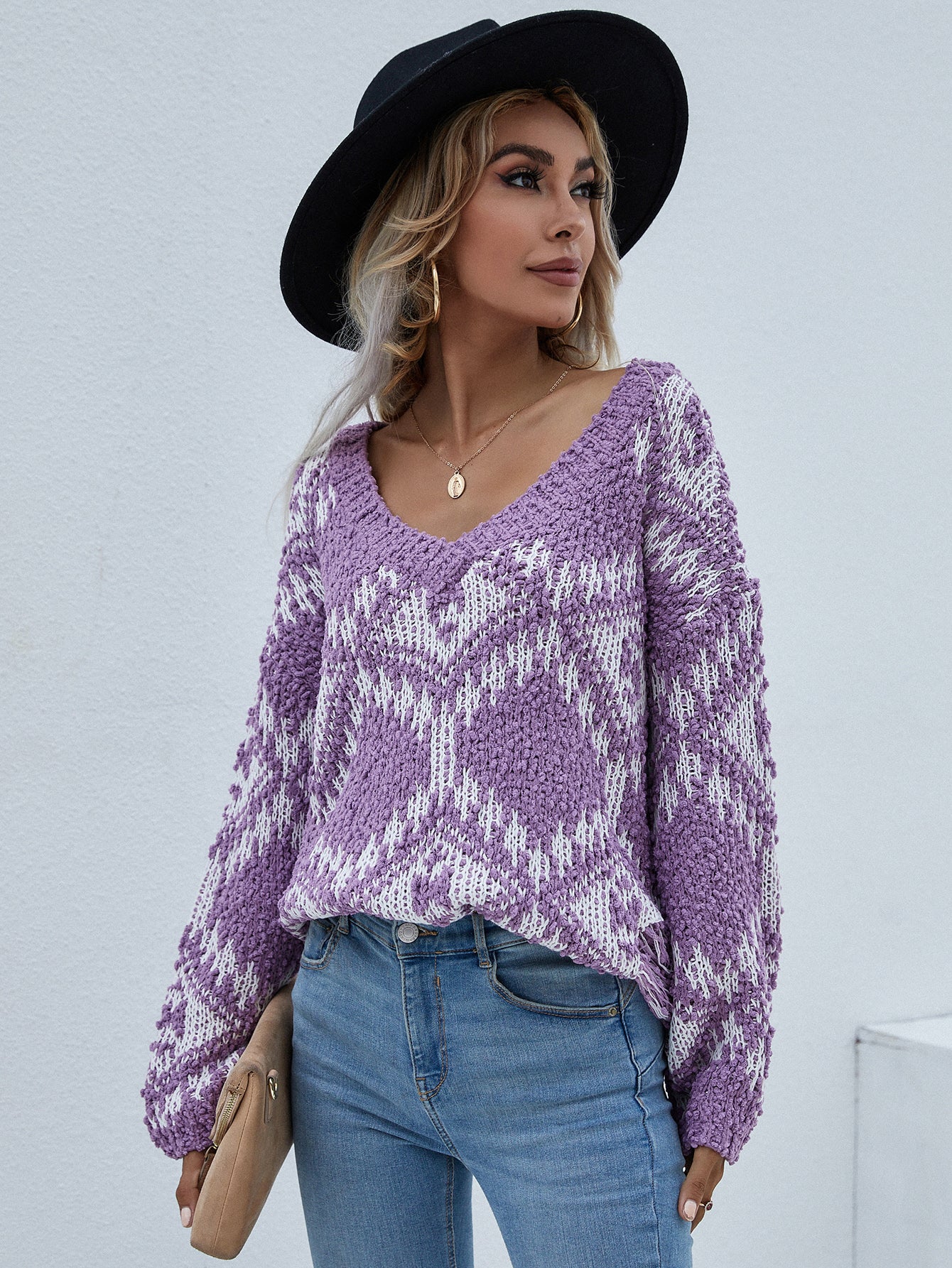 Geometric Print Chunky Knit Distressed Sweater