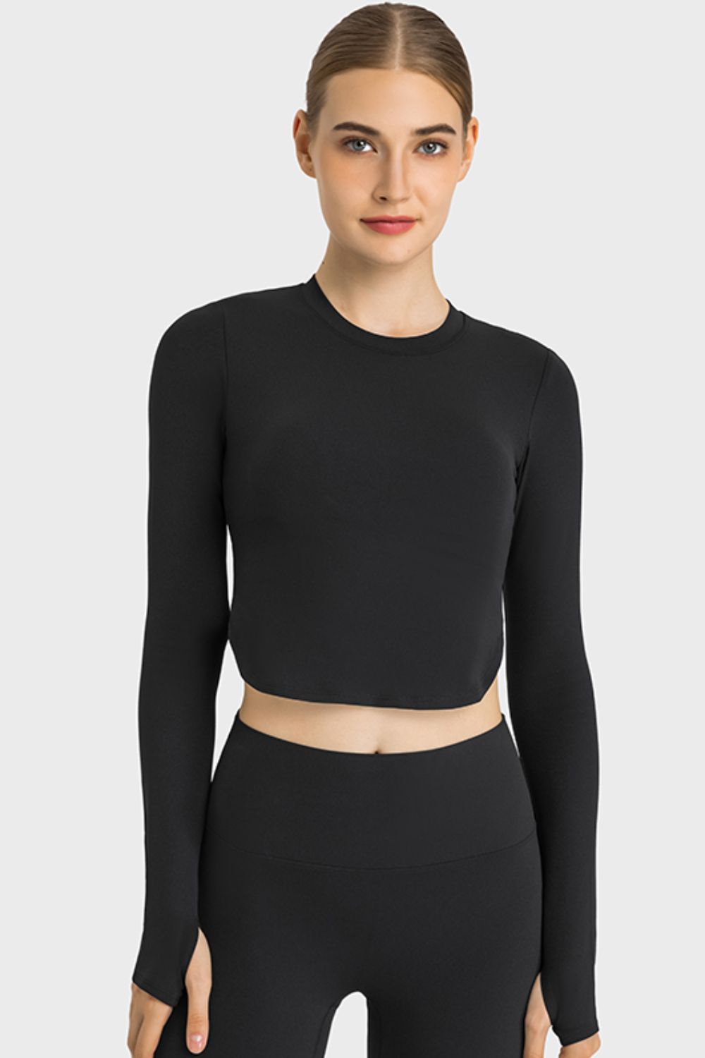 Side Slit Long Sleeve Round Neck Crop Top