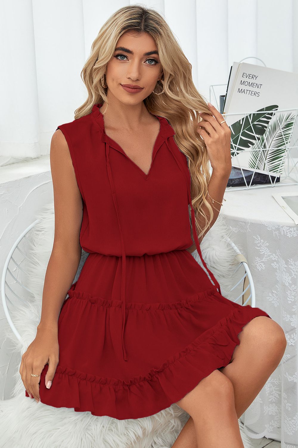 Frill Trim Tie Neck Sleeveless Mini Dress